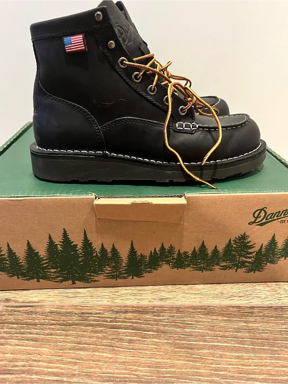 Danner Black Moc Toe Work Boots with Brown and Gold Laces